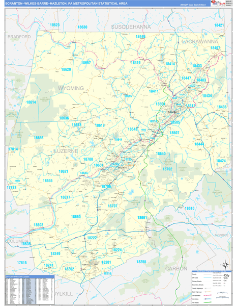 Scranton-Wilkes-Barre-Hazleton Metro Area Wall Map Basic Style